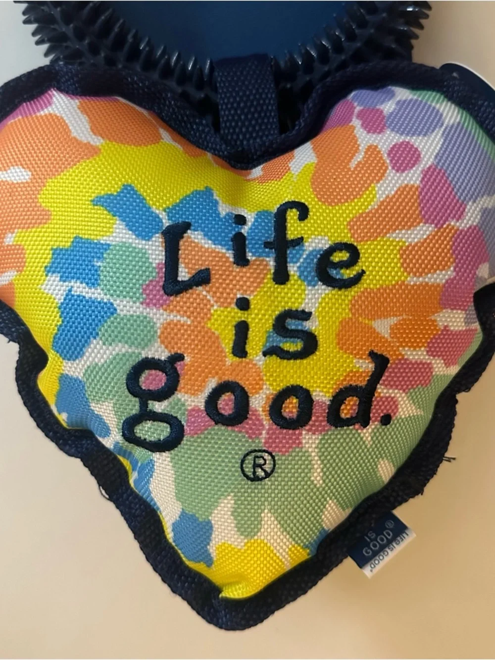 Life Is Good Oxford Heart Crinkle Squeaker Blue Textured Ring Jumbo Dog Toy NEW